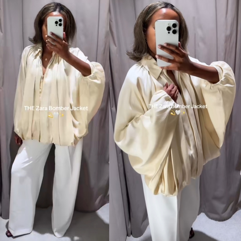 ZARA NWT Satin Bomber Jacket Puffed Cream Size M - Picture 3 of 16